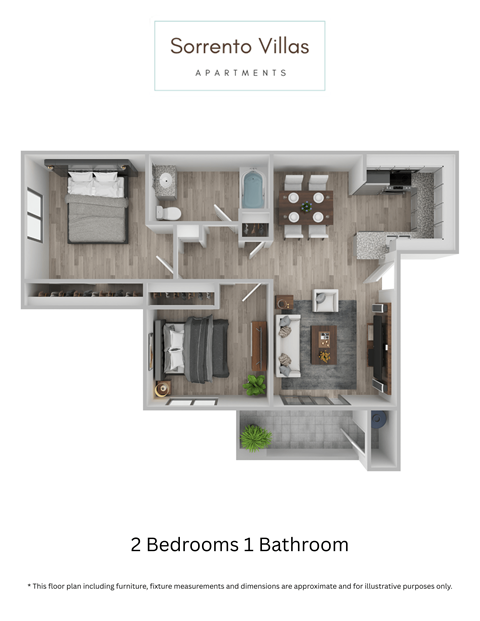 Floor plan for 2 beds, 1 bath, 725 sqft